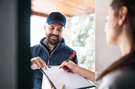 Woman signing for package delivery